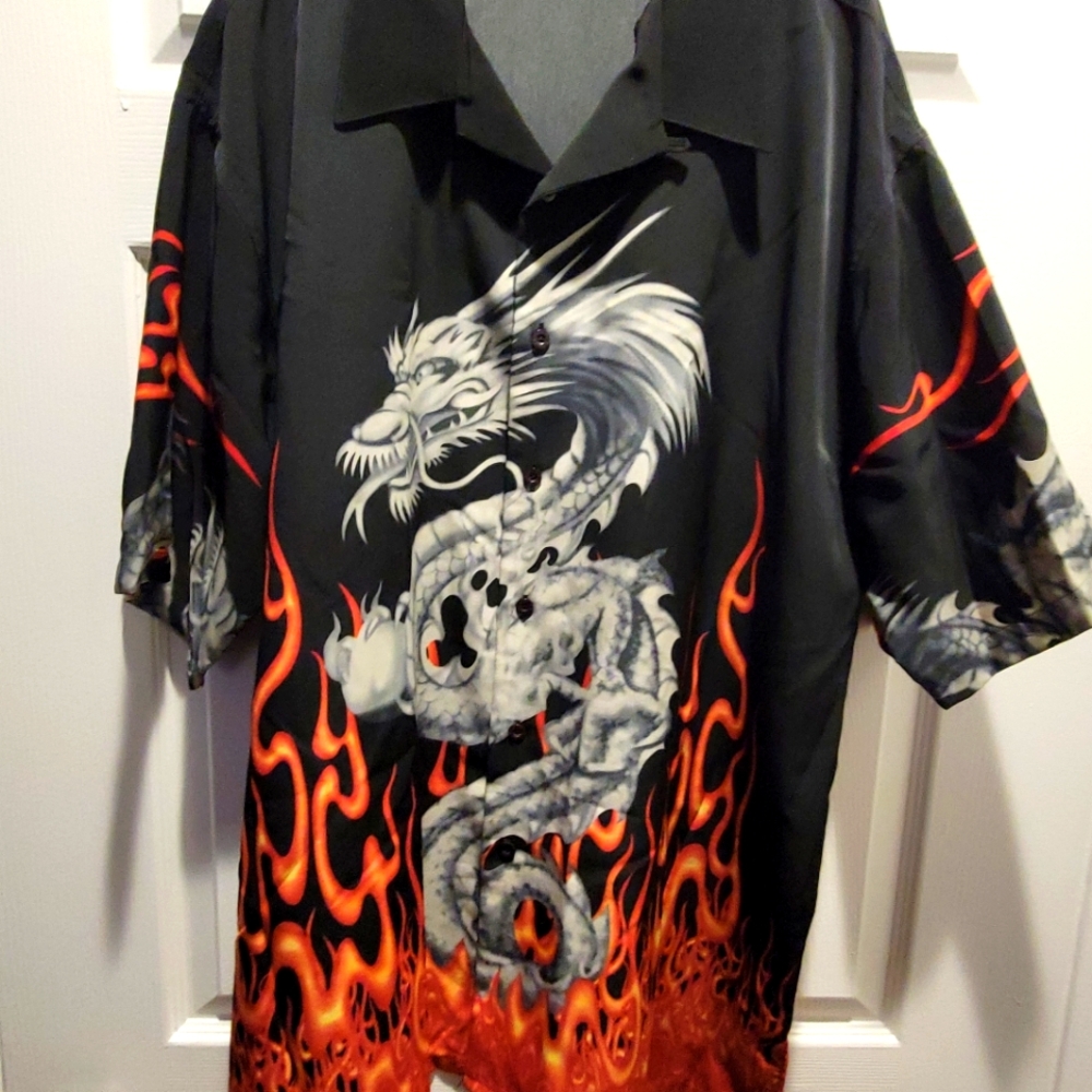 XL Men's Chinese Dragon and Flames button-down shirt